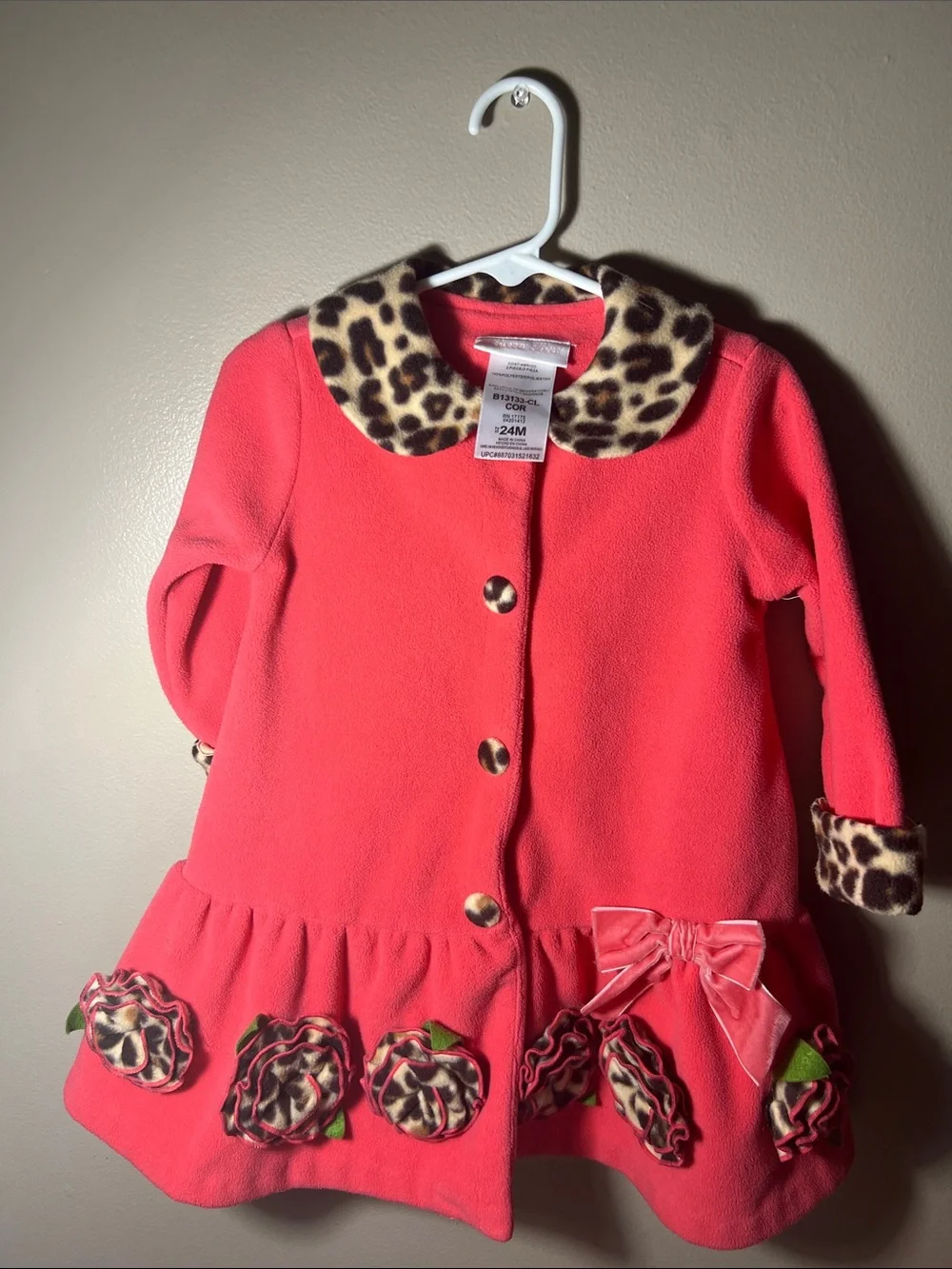 Bonnie Baby Coral Coat with Leopard Trim
